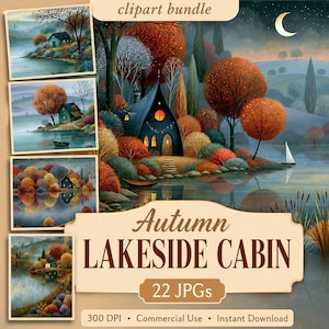 May include: A digital clipart bundle titled Autumn LAKESIDE CABIN featuring 22 JPGs. The images display a dark blue cabin with a pointed roof, glowing windows, and autumn trees in shades of orange and red by a lake under a crescent moon.