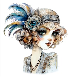 Grillige flapper meisje clipart, 10 hoge kwaliteit jpg's aquarel clipart jaren 1920, kaarten maken, dagboek, papier ambacht COMMERCIEEL GEBRUIK | AF0618-2