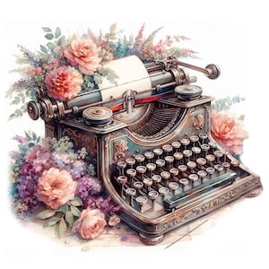 Clipart de máquina de escribir floral vintage, 10 archivos JPG de acuarela de alta calidad, creación de tarjetas, diario basura, manualidades con papel, uso comercial / AF0609-2