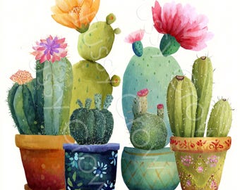 Cactus Clip Art, Watercolour Whimsical Potted Plant, 10 JPGs, Digital Download, Commercial Use, Card Making, Junk Journal, Paper Craft