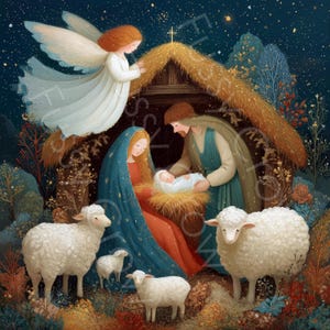 Kerststal clipart, 12 aquarel kerst religieuze jpg's - kaarten maken junk Journal Paper Craft commercieel gebruik digitale download | AF0902-1