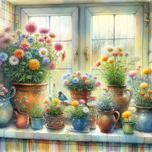 Bloemen bij het raam Clipart, 10 hoge kwaliteit JPG's, Junk Journaling, Kaarten maken, Cottage Art, Digitale download, COMMERCIEEL GEBRUIK | AF0207