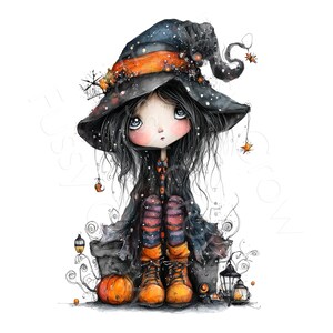 K&ouml;nnte beinhalten: Eine digitale Illustration einer Figur mit langem schwarzem Haar, die einen gro&szlig;en schwarzen Hexenhut mit orangefarbenem Band, einen schwarzen Mantel und orangefarbene Stiefel tr&auml;gt. Die Figur sitzt neben einem K&uuml;rbis und einer Laterne.