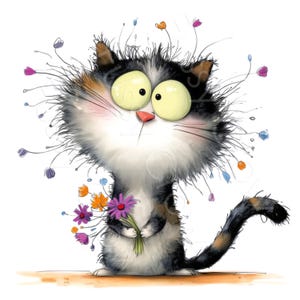 May include: A whimsical illustration of a fluffy cat with large yellow eyes, holding a bouquet of colorful flowers. The cat has black, white, and orange fur, with whimsical lines and small flowers around its head. The background is white.