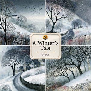 Könnte beinhalten: Eine digitale Sammlung von 24 Winterlandschaftsillustrationen mit dem Titel A Winter's Tale. Die Bilder zeigen verschneite Hügel, kahle Bäume, kurvenreiche Straßen und kleine Häuser unter grauem Himmel mit fallendem Schnee und Vögeln.