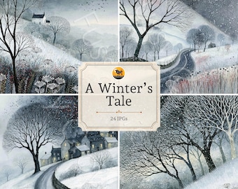 May include: A digital collection of 24 winter landscape illustrations titled A Winter's Tale. The images feature snowy hills, bare trees, winding roads, and small houses under grey skies with falling snow and flocks of birds in the distance.