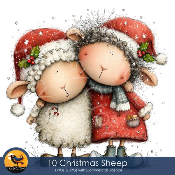 Grappige kerst schapen illustraties, aquarel grillige vakantie dierenafbeeldingen, 10 PNGs/JPGs, (digitale download, commercieel gebruik)