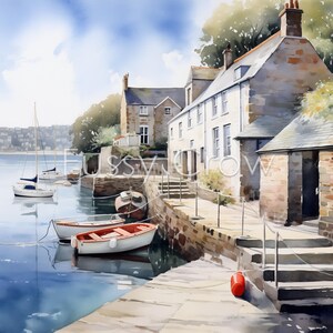 May include: A watercolor painting of a quaint seaside village with stone buildings and a small harbor.  Three white sailboats are docked in the harbor, and a red buoy is floating in the water.