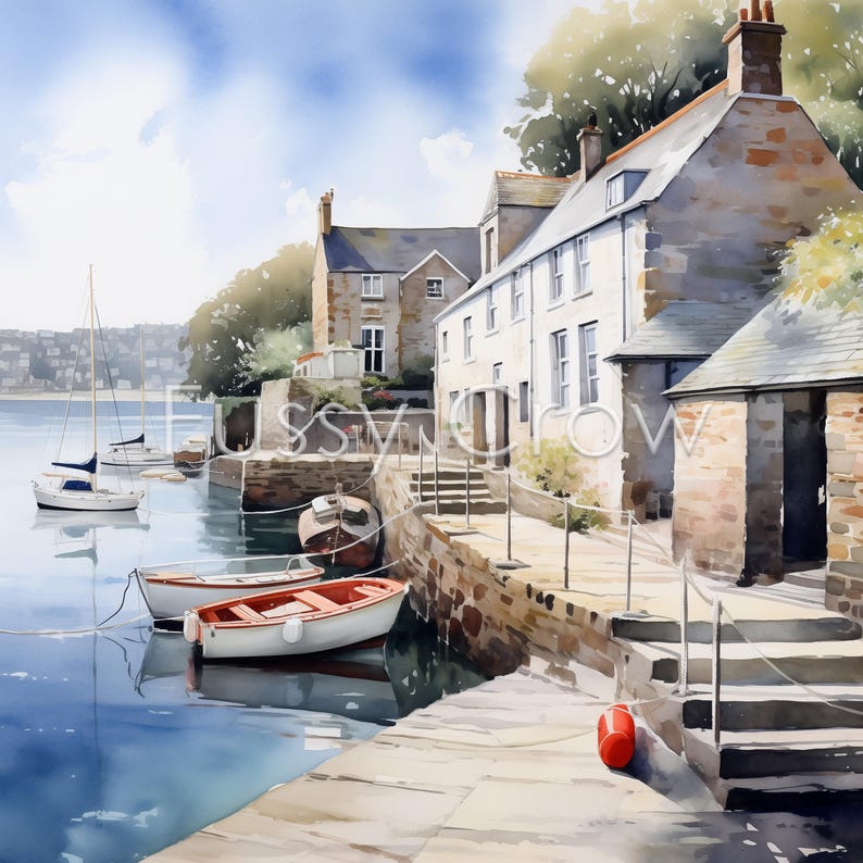 May include: A watercolor painting of a quaint seaside village with stone buildings and a small harbor.  Three white sailboats are docked in the harbor, and a red buoy is floating in the water.