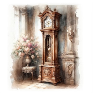 Reloj de pie, 12 imágenes JPG de alta calidad, relojes vintage en acuarela, tarjetas, diario, manualidades con papel, uso comercial / AF0527-1