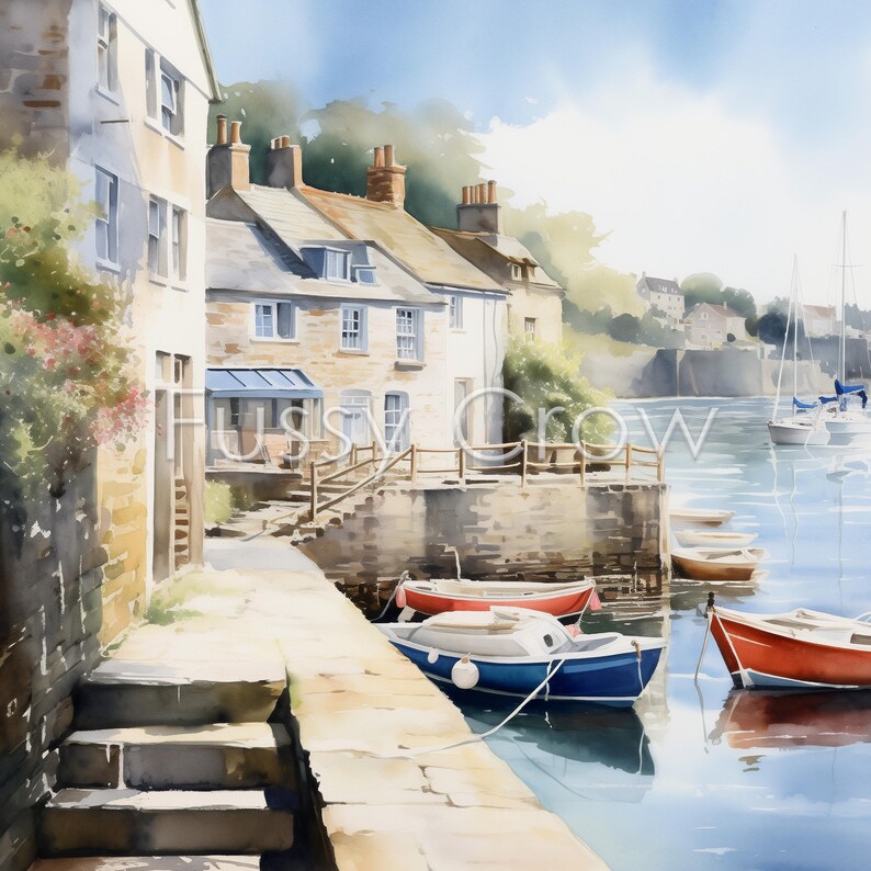 May include: A watercolor painting of a quaint seaside village with colorful boats docked in a harbor. The scene features stone buildings with white trim and a cobblestone walkway leading to the water.
