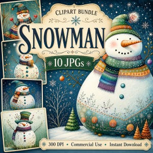 May include: A digital clipart bundle featuring various snowman illustrations with the text SNOWMAN, 10 JPGs, 300 DPI, Commercial Use, and Instant Download. The main image shows a large snowman wearing a green hat and striped scarf against a dark blue winter background with trees and snowflakes.