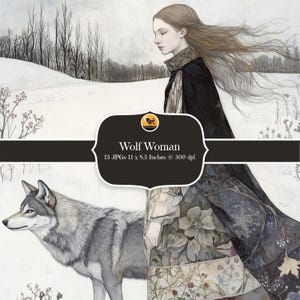 オオカミと女性 デジタルペーパー、水彩画の冬の野生動物の少女のジャンクジャーナルページ、15枚のJPG、即時ダウンロード、商用利用可、カード作成