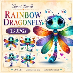 Peut inclure: Un ensemble d'images numériques intitulé Rainbow Dragonfly comprenant 13 fichiers JPG. L'image principale montre une grande libellule colorée avec de grands yeux, de longs cils et des ailes aux motifs arc-en-ciel, entourée de petits cœurs.