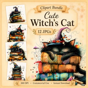 Niedliche Hexe Katze Clipart 12 hochwertige JPGs, wunderliche Halloween Katzen, Kartenherstellung, Junk Journaling, Papierhandwerk KOMMERZIELLE NUTZUNG | AF0430-1