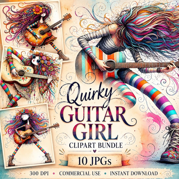Eigenzinnige Guitar Girl Clipart, 10 hoge kwaliteit JPG's, afbeeldingen van grillige mensen, kaarten maken, junkjournaling, fantasie, COMMERCIEEL GEBRUIK | AF0203-1