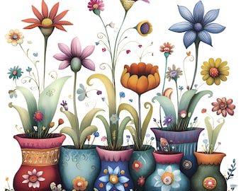 May include: A colorful illustration of a row of potted plants with various flowers in bloom. The pots are decorated with different patterns and colors, including red, blue, green, and yellow.