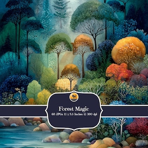 Könnte beinhalten: Eine künstlerische Aquarellillustration einer Waldszene mit einem Fluss im Vordergrund. Das Bild zeigt Bäume mit grünen, orangefarbenen und gelben Blättern. Der Text "Forest Magic" wird auf einem dunkelblauen Banner zusammen mit den Bildabmessungen angezeigt.