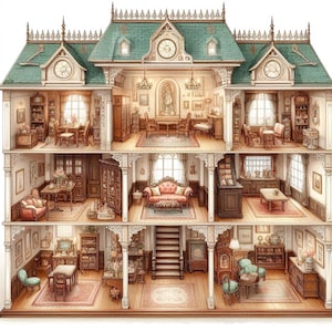 Clipart casa delle bambole vittoriana, 10 JPG di alta qualità, case in miniatura acquerellate, creazione di biglietti, diario di spazzatura, USO COMMERCIALE / AF0320-1