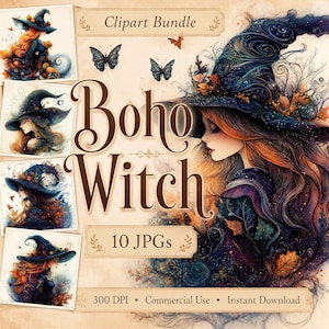 Boho Hexe Clipart, 10 hochwertige JPGs, Aquarell Fantasy Herbst Hexe Bilder, Kartenherstellung, Journal, Papierhandwerk KOMMERZIELLE NUTZUNG | AF0402-1