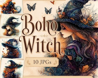 Boho Witch Clipart, 10 High Quality JPGs, Watercolour Fantasy Fall Witch Images, Card Making, Journal, Paper Craft COMMERCIAL USE | AF0402-1