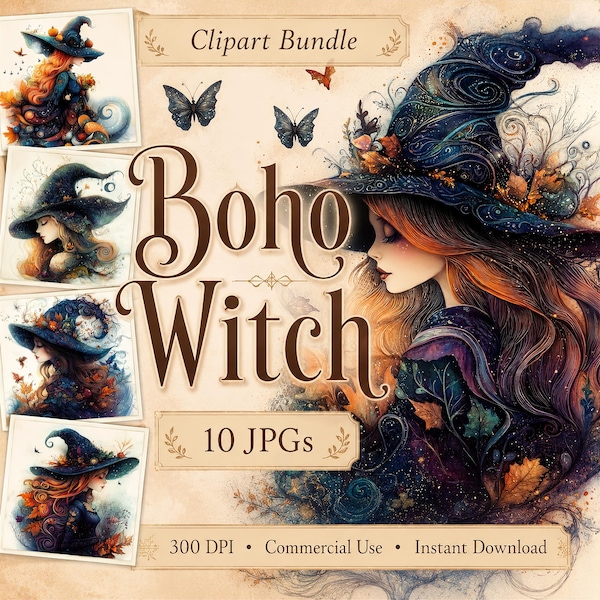 Boho heks clipart, 10 hoge kwaliteit jpg's, aquarel fantasie herfst heks afbeeldingen, kaarten maken, dagboek, papier ambacht COMMERCIEEL GEBRUIK | AF0402-1