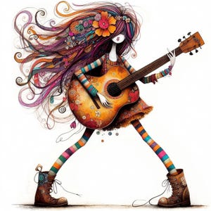 Eigenzinnige Guitar Girl Clipart, 10 hoge kwaliteit JPG's, afbeeldingen van grillige mensen, kaarten maken, junkjournaling, fantasie, COMMERCIEEL GEBRUIK | AF0203-1