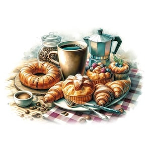 Clipart café et pâtisseries, 13 fichiers JPG de haute qualité, aquarelle, gourmandises sucrées, aliments, fabrication de cartes, journaux, créations en papier UTILISATION COMMERCIALE | AF0624-1