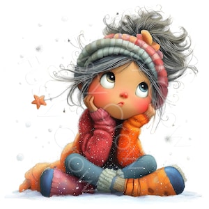 Puede incluir: Ilustración digital de una persona joven con cabello oscuro y mejillas rosadas, que lleva un gorro de punto colorido, un suéter rojo y pantalones naranjas. La persona está sentada con las piernas cruzadas, apoyando la barbilla en las manos y mirando hacia arriba con expresión pensativa.