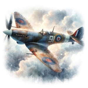 Spitfire clipart 10 hoge kwaliteit jpg's, gevechtsvliegtuig uit de Tweede Wereldoorlog, aquarel vintage vliegtuigkunst, papierkunst, COMMERCIEEL GEBRUIK | AF0228