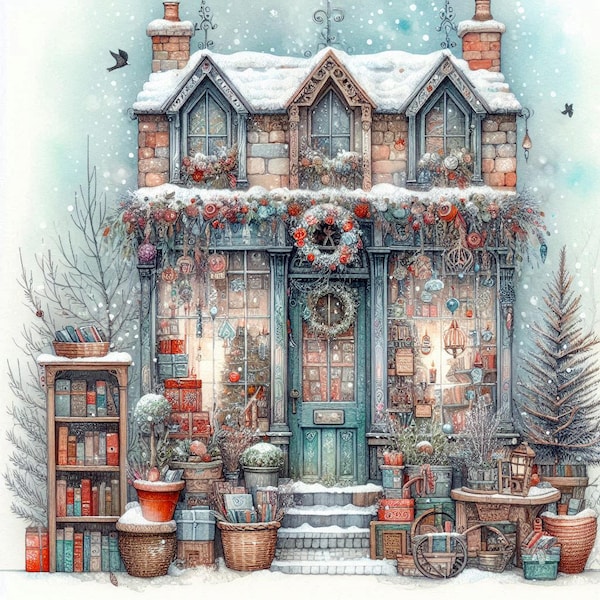 Clipart kerstboekwinkel, 10 hoge kwaliteit jpg's, aquarel vintage winkelpui, kaarten maken, junkjournaling COMMERCIEEL GEBRUIK | AF0312-1