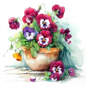 Puede incluir: Acuarela de una maceta de terracota rebosante de alegres pensamientos. Las flores muestran pétalos de color burdeos intenso con centros blancos y amarillos, complementados con follaje verde. Una sola flor amarilla añade un toque de color.