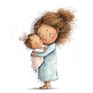 Op de afbeelding: Waterverfillustratie van een jong meisje dat een baby vasthoudt. Het meisje draagt een lichtblauwe jurk en heeft bruin haar in een knot. De baby draagt een roze romper met bloemenpatroon en een strik. De afbeelding heeft een zacht, liefdevol gevoel.