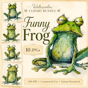 May include: A watercolour clipart bundle featuring a whimsical green frog illustration. The image includes the text "Funny Frog" and "10 JPGs". Additional frog illustrations are displayed on the left side of the image.