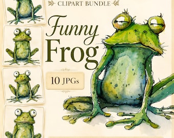 Clipart grappige kikker, 10 hoge kwaliteit jpg's, aquarel eigenzinnige amfibiekunst, kaarten maken, junk Journal, papierkunst COMMERCIEEL GEBRUIK | AF0414