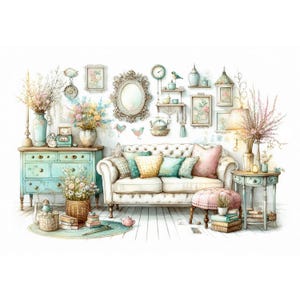 以下が含まれることがあります： 白のタフテッドソファ、パステルカラーのクッション、様々な装飾品が置かれた居心地の良いリビングルームの水彩イラスト。水色のドレッサー、サイドテーブル、オットマンが部屋の魅力を高めています。フラワーアレンジメントと額入りのアートワークがシーンを完成させています。