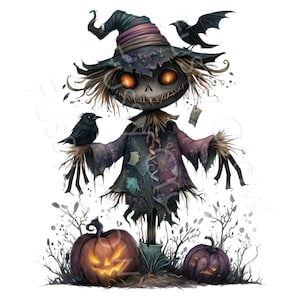 Peut inclure: Illustration fantaisiste d'Halloween d'un épouvantail aux yeux orange lumineux, portant un chapeau et un manteau en lambeaux. Deux corbeaux noirs se perchent sur les bras et le chapeau de l'épouvantail. Deux citrouilles sculptées avec des visages lumineux sont à la base.