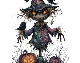 Spooky Scarecrow Clipart, 10 eigenzinnige Halloween-aquarel JPG's voor het maken van kaarten, Junk Journal, Paper Craft, Digitale Download | AF0901-2