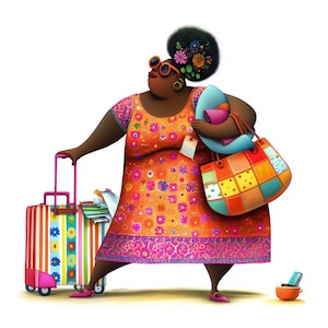 Clipart peculiar de mulher negra viajante, 12 JPGs em aquarela de alta qualidade, criação de cartões, diário de viagem, artesanato em papel, uso comercial | AF0617-1