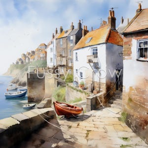May include: A watercolor painting of a quaint seaside village with colorful houses and a small boat docked at the harbor. The scene is bathed in warm sunlight, creating a peaceful and idyllic atmosphere.