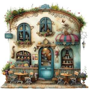 Quirky Café Clipart, 13 High Quality JPGs, Whimsical Coffee Shop Store Fronts, Card Making, Journals, Paper Craft COMMERCIAL USE | AF0409-1