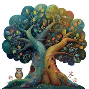 May include: A whimsical illustration of a colorful tree with a detailed trunk and branches, adorned with leaves in shades of green, yellow, and orange. The tree has a house-like structure built into its trunk and an owl perched at the base. The artwork is set against a white background.