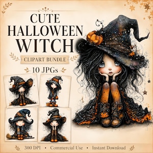 Peut inclure: Un ensemble d'images numériques représentant une sorcière aux longs cheveux noirs, portant un grand chapeau noir avec des accents orange. Le texte indique CUTE HALLOWEEN WITCH CLIPART BUNDLE 10 JPGs 300 DPI Commercial Use Instant Download.