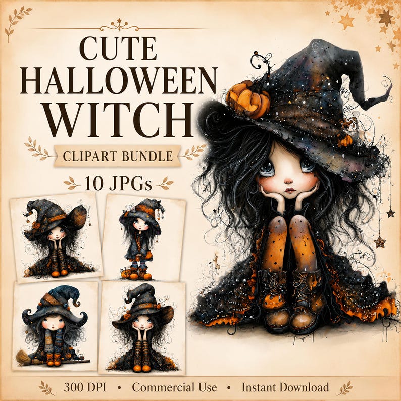K&ouml;nnte beinhalten: Ein digitales Clipart-Paket mit Illustrationen einer Hexe mit langem schwarzem Haar, die einen gro&szlig;en schwarzen Hut mit orangefarbenen Akzenten tr&auml;gt. Der Text lautet CUTE HALLOWEEN WITCH CLIPART BUNDLE 10 JPGs 300 DPI Commercial Use Instant Download.