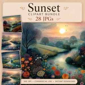 Puede incluir: Un paquete de imágenes prediseñadas digitales titulado Sunset que contiene 28 archivos JPG. La imagen principal muestra un paisaje con un río, colinas, árboles y flores silvestres bajo un cielo al atardecer. El texto incluye Sunset, CLIPART BUNDLE, 28 JPGs, 300 DPI, COMMERCIAL USE e INSTANT DOWNLOAD.