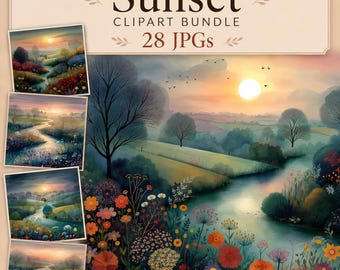 Sunset Clipart, Whimsical Landscape Graphics, Watercolour 28 JPGs, Digital Download, Commercial Use, Card Making, Junk Journal Pages