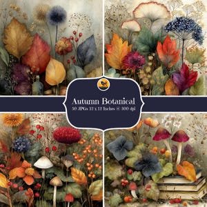 May include: A collection of four watercolour botanical illustrations depicting autumn leaves, mushrooms, and berries. The images feature warm colours such as red, orange, and yellow. The text "Autumn Botanical" is displayed, along with the image dimensions of 30.48 x 30.48 cm.