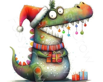 Quirky Christmas Crocodile Clip Art, Watercolour Festive Alligator, 12 JPGs, Digital Download, Commercial Use, Card Making, Junk Journal