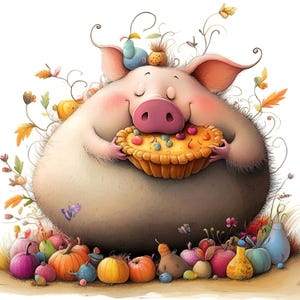 Clipart engraçado de porco gordo comendo torta, 10 JPGs de alta qualidade, clipart peculiar de animal de fazenda, criação de cartões, artesanato em papel, uso comercial | AF0424-2