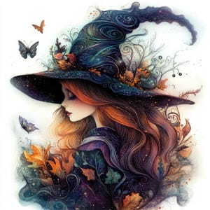 Boho Witch Clipart, 10 wysokiej jakości JPG, akwarelowe obrazy jesiennej wiedźmy fantasy, tworzenie kartek, dziennik, rzemiosło papierowe UŻYCIE KOMERCYJNE | AF0402-1